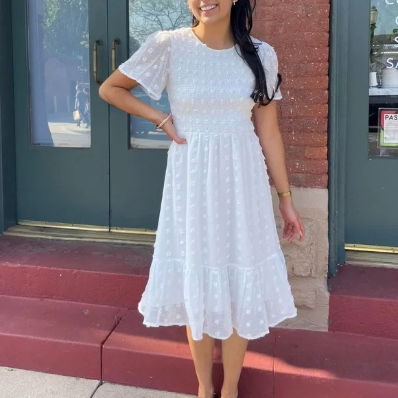 Bohemian White midi dress with polka dots and ruffle details sz M - Picture 1 of 6